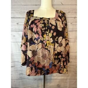 Entro Floral Boho Square Neck Top M Black Pink Blue Beige Rayon Nylon Blend